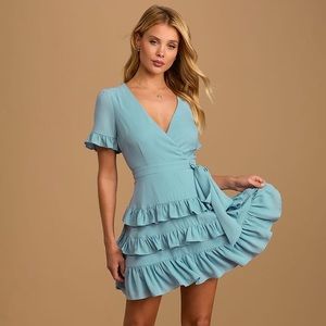 Lulus Feeling Butterflies Slate Blue Ruffled Side-Tie Mini Dress size Large